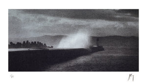 Big wave hitting breakwater at V&A Waterfront, Cape Town | Fine art lithographic photograph by Chad Henning